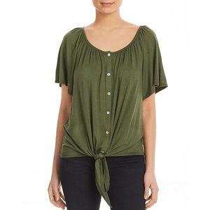 K and C Womens Medium M Green Button Down Scoop Neck Tee Blouse
